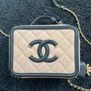 Authentic Chanel caviar beige small filigree vanity crossbody shoulder bag